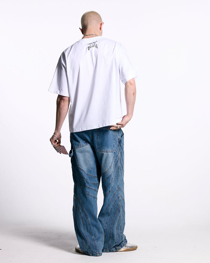 SOUVENIR BICYCLE TEE WHITE - white graphic print tee, back view on male model - Cold Culture #man