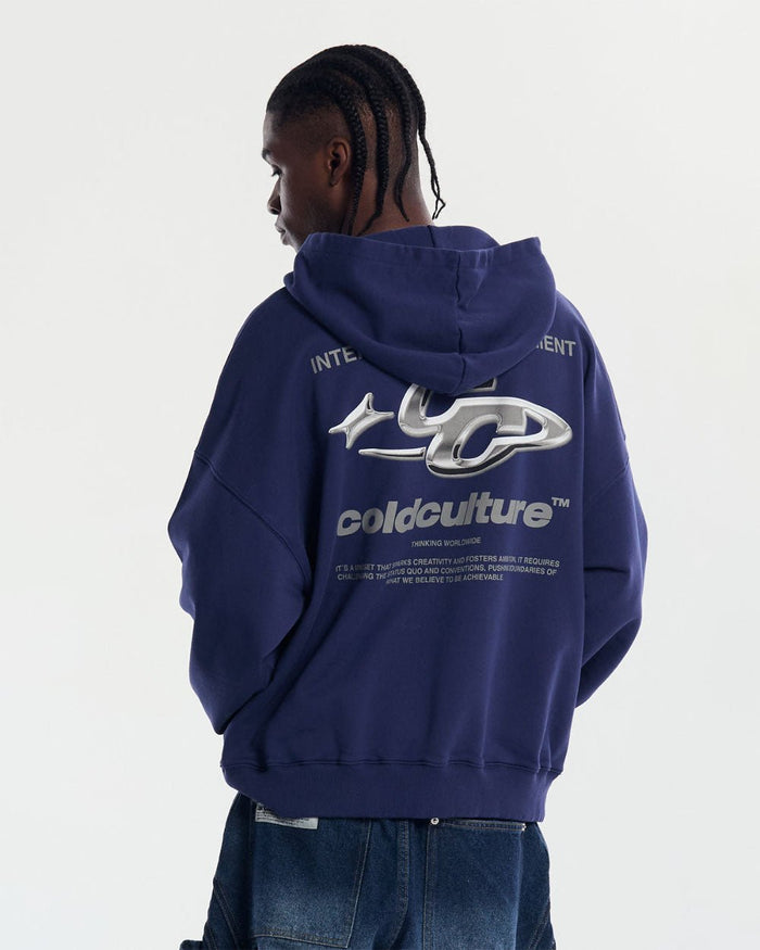 SPARKLY HOODIE COSMIC BLUE - navy blue oversized hoodie, back view on male model - Cold Culture #man