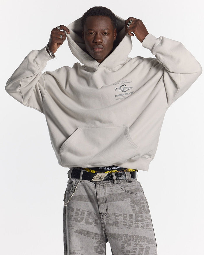 SPARKLY HOODIE PEARL GREY - pearl grey oversized hoodie, front view on male model - Cold Culture #man