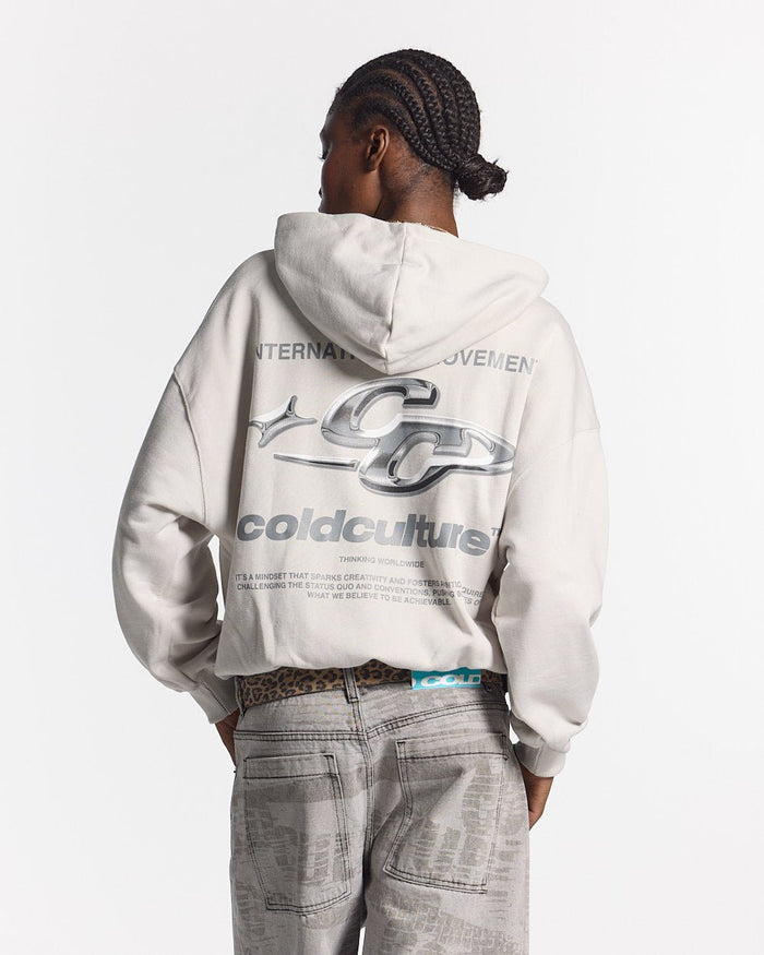SPARKLY HOODIE PEARL GREY - pearl grey oversized hoodie, back view on female model - Cold Culture #woman