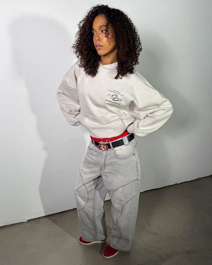 SPARKLY HOODIE PEARL GREY - pearl grey oversized hoodie, front view on female model - Cold Culture