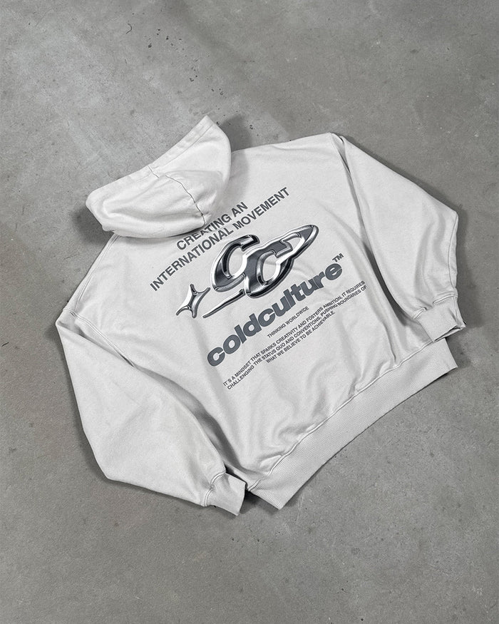 SPARKLY HOODIE PEARL GREY - pearl grey oversized hoodie, flat lay - Cold Culture