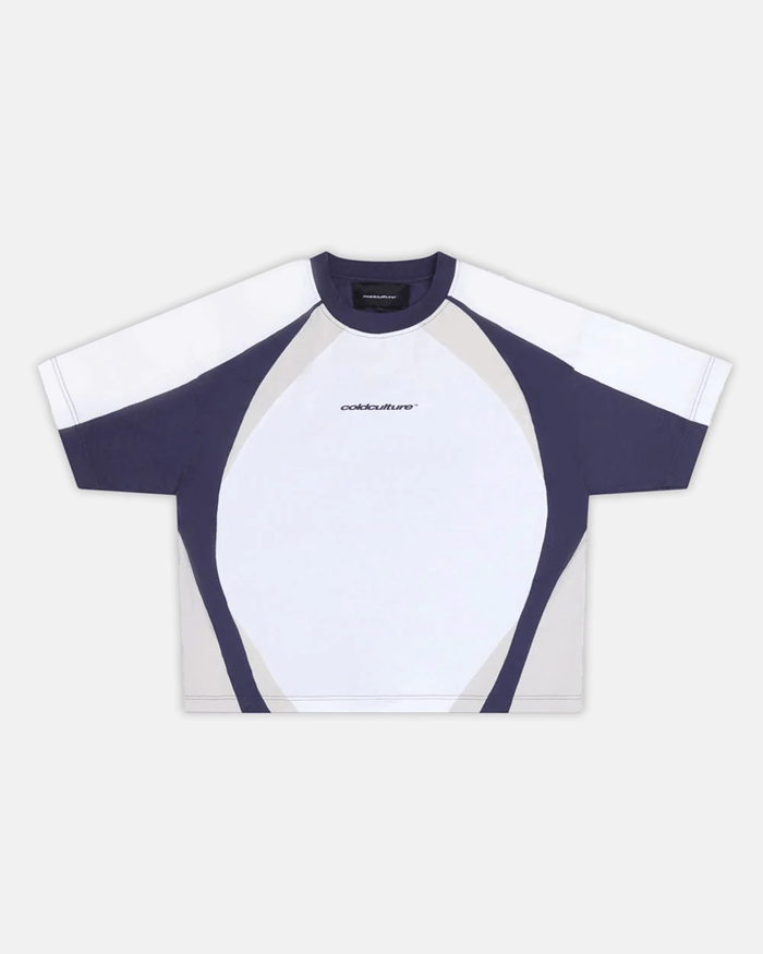 SPEED SPOKE TEE BLUE - navy and white panelled tee, front view - Cold Culture