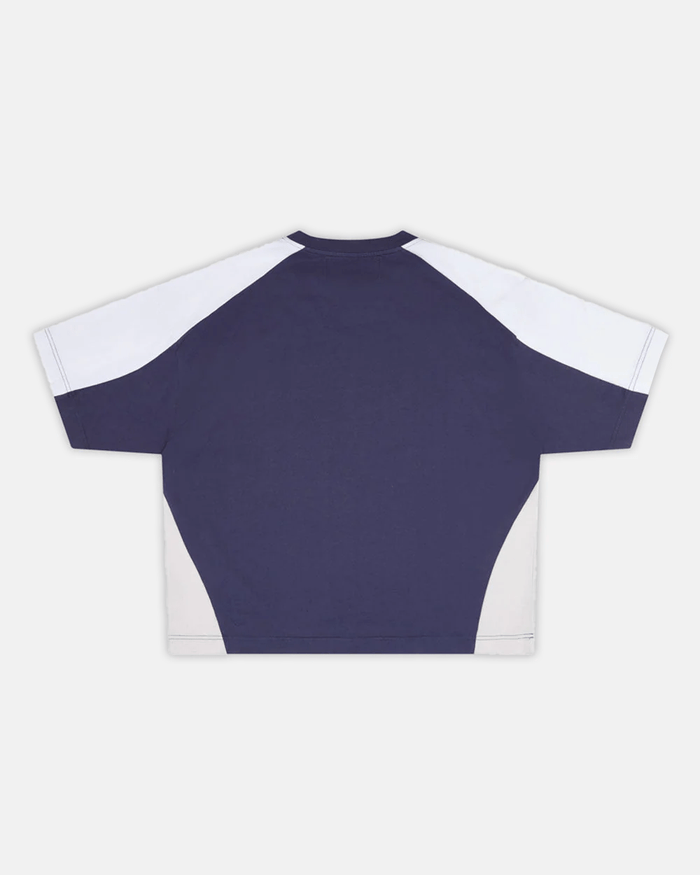 SPEED SPOKE TEE BLUE - navy and white panelled tee, back view - Cold Culture