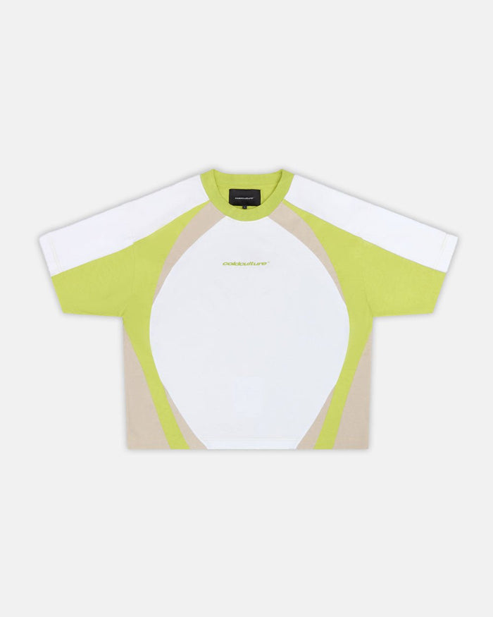 SPEED SPOKE TEE GREEN & GREY - green and white panelled tee, front view - Cold Culture