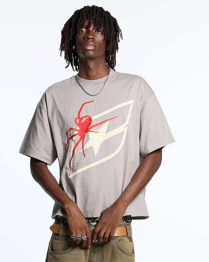 SPIDER TEE GREY - grey graphic print tee, front view on male model - Cold Culture #man