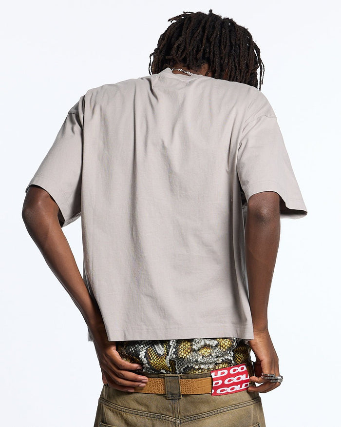 SPIDER TEE GREY - grey graphic print tee, back view on male model - Cold Culture #man