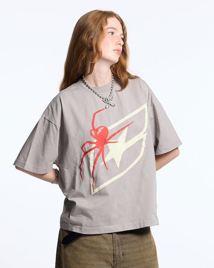 SPIDER TEE GREY - grey graphic print tee, front view on female model - Cold Culture #woman