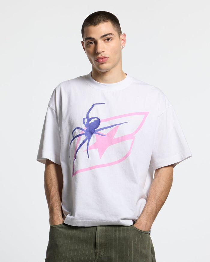 SPIDER TEE WHITE - white graphic print tee, front view on male model - Cold Culture #man