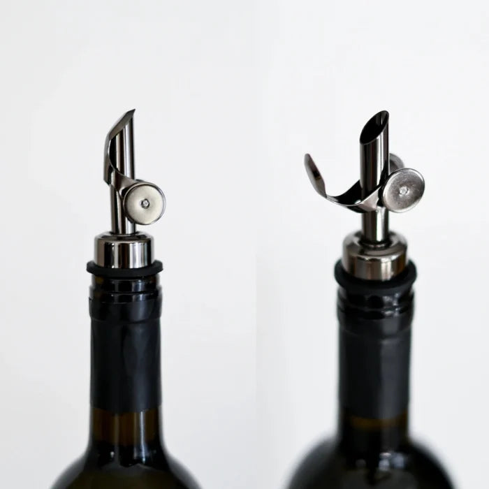 Stainless Steel spout for olive oil bottle - opened and closed positions