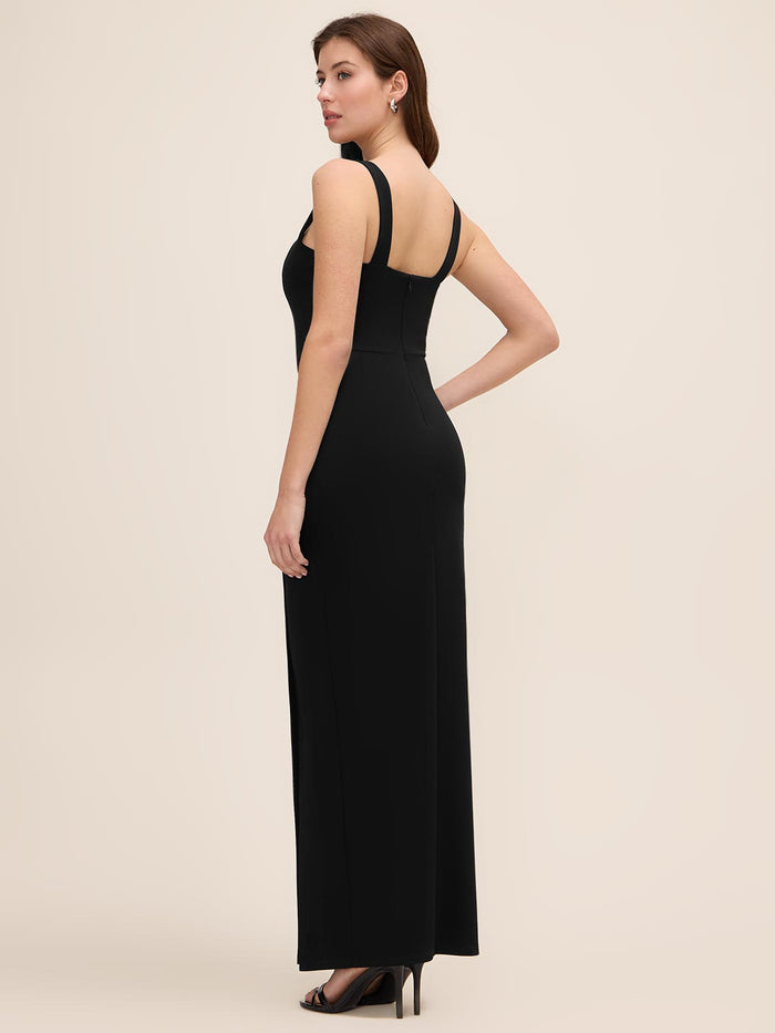 Black Square Neck Knit Crepe Gown with Wrap Skirt - Woman Wearing Elegant Evening Dress - Le Chateau