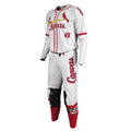 Custom Motocross Gear that is a baseball uniform with white jersey and pants featuring red and black details on a white background