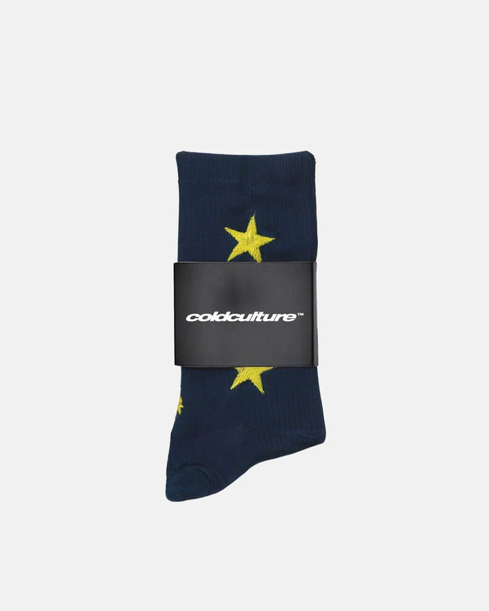 STARRY SOCKS DARK NAVY - navy blue star print socks, flat lay - Cold Culture