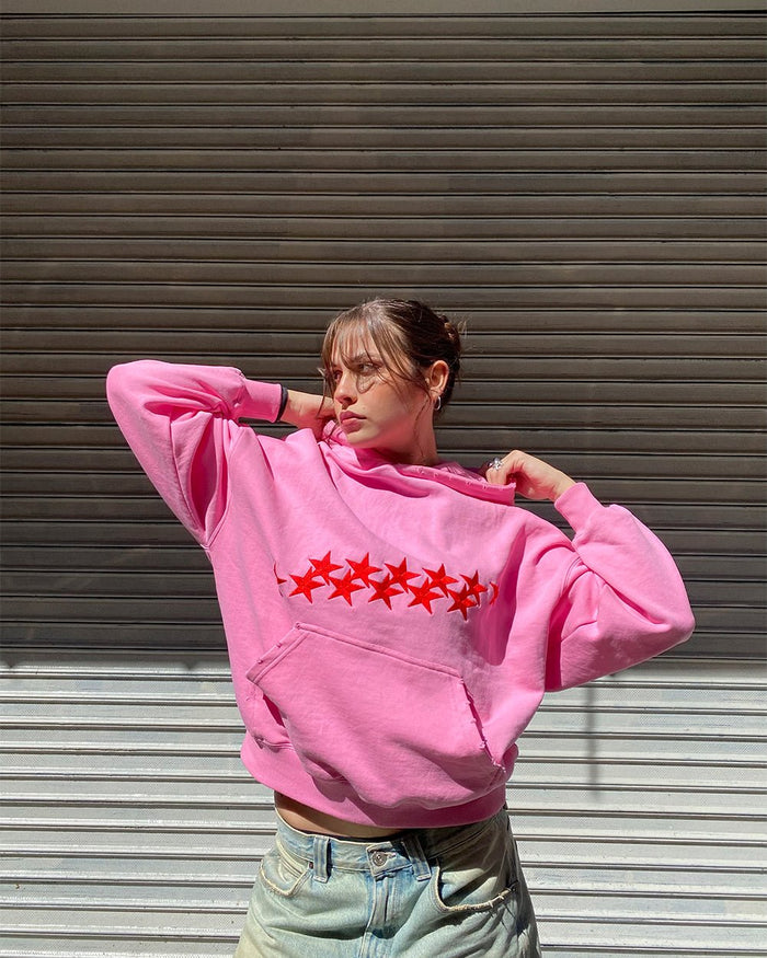 STARS HOODIE PANTHER PINK - pink oversized hoodie, street style shot - Cold Culture