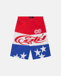 STARS JORTS RED WHITE AND BLUE - red white blue star print shorts, front view - Cold Culture