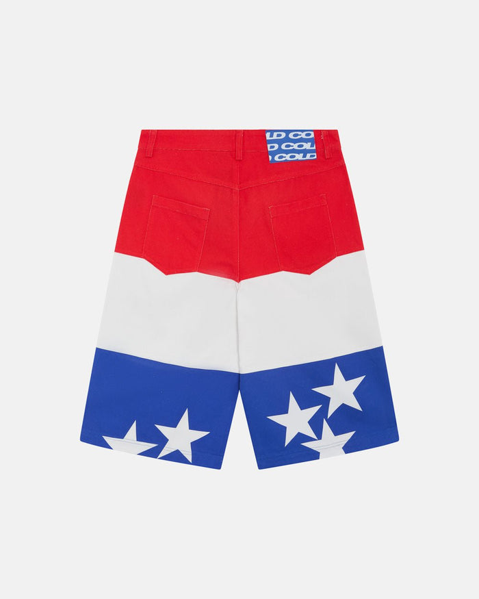 STARS JORTS RED WHITE AND BLUE - red white blue star print shorts, back view - Cold Culture