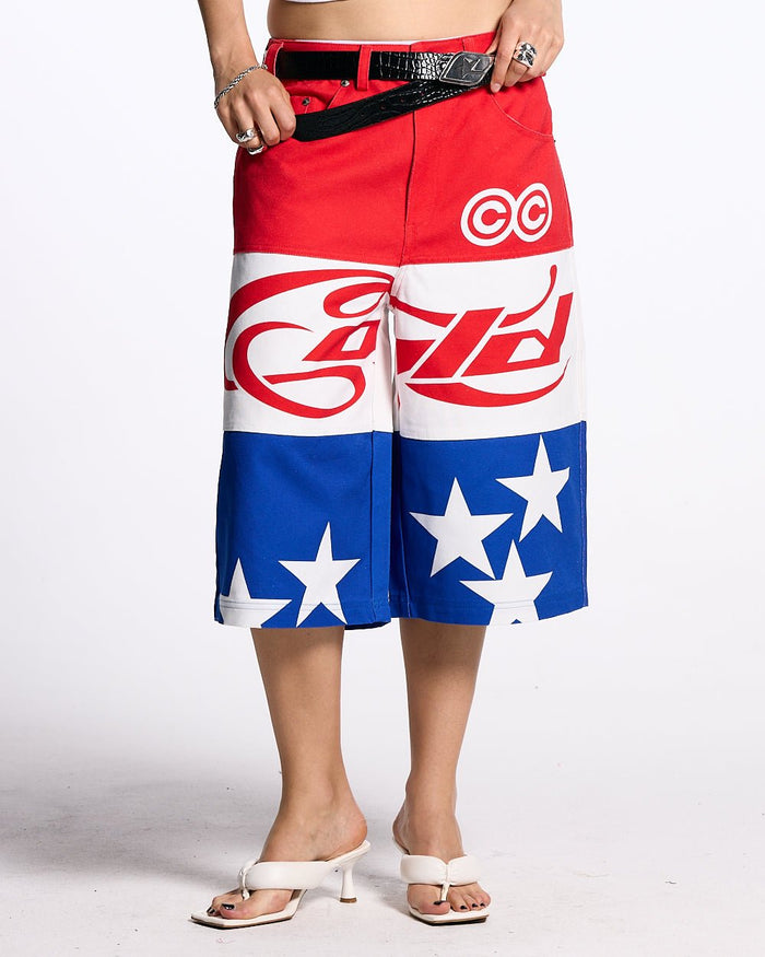 STARS JORTS RED WHITE AND BLUE - red white blue star print shorts, front view on female model - Cold Culture #woman