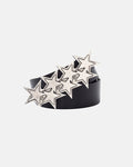 STARS LEATHER BELT BLACK - black leather star buckle belt, front view - Cold Culture