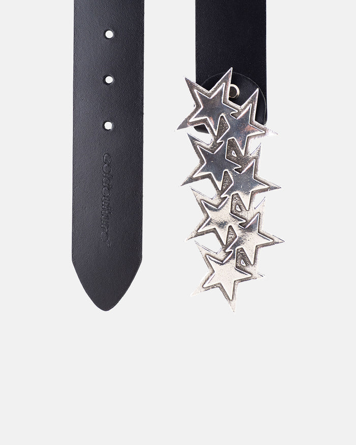 STARS LEATHER BELT BLACK - black leather star buckle belt, detail close-up - Cold Culture