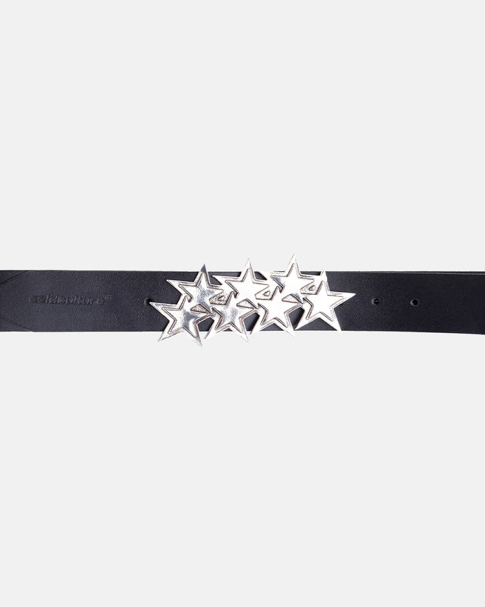 STARS LEATHER BELT BLACK - black leather star buckle belt, detail close-up - Cold Culture