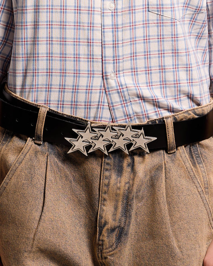 STARS LEATHER BELT BLACK - black leather star buckle belt, worn detail - Cold Culture