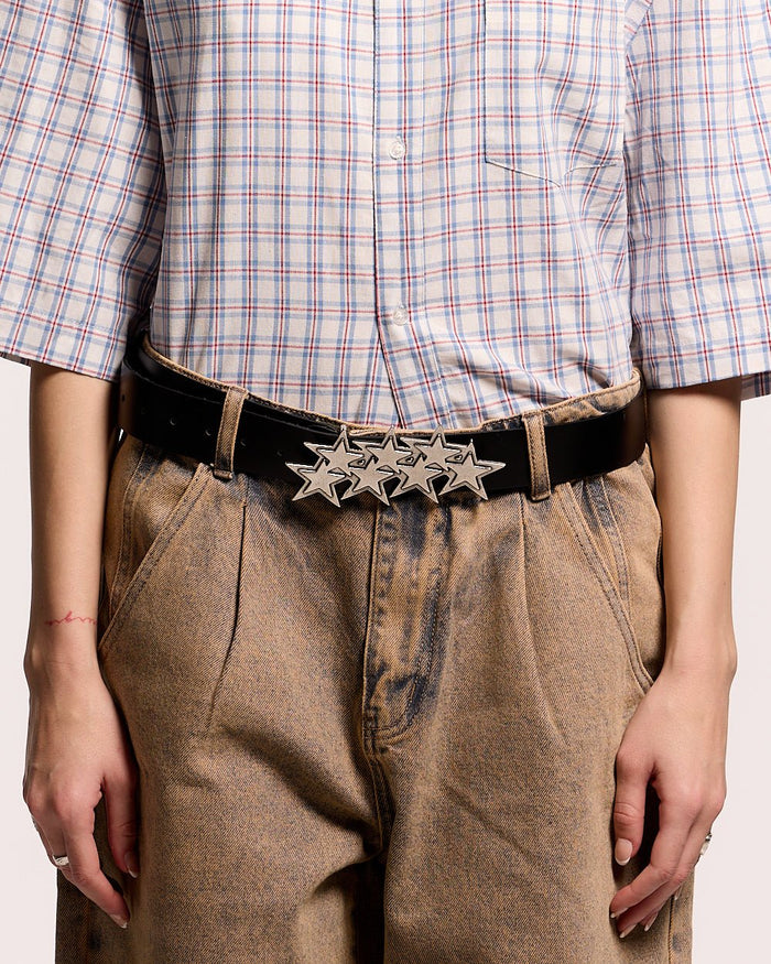 STARS LEATHER BELT BLACK - black leather star buckle belt, front view on female model - Cold Culture