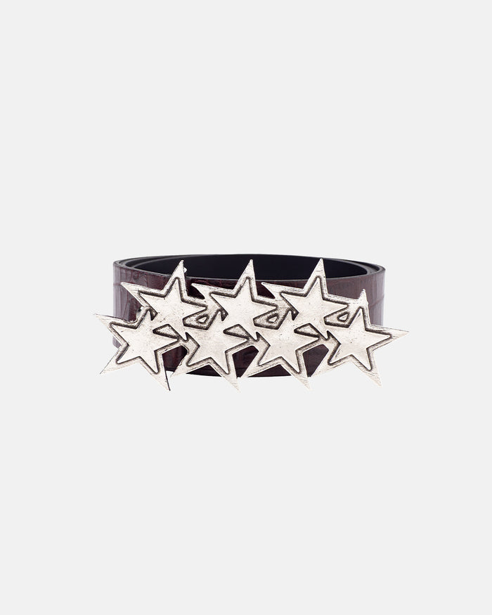 STARS LEATHER BELT CROCODILE BORDO - bordeaux croc-embossed leather belt, front view - Cold Culture