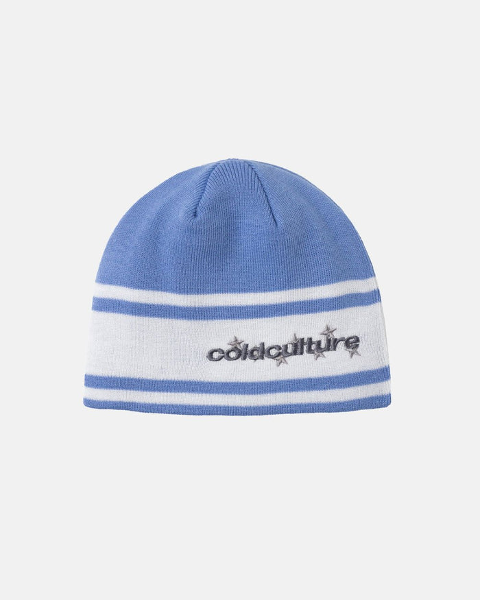 STARS STRAP BEANIE BLUE CALICO - blue striped knit beanie, front view - Cold Culture