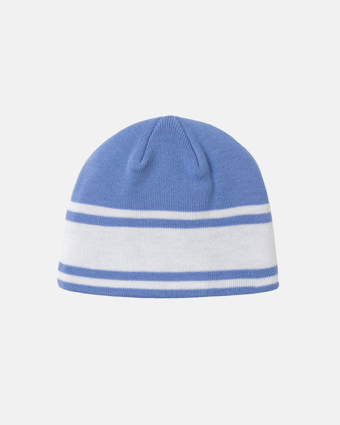 STARS STRAP BEANIE BLUE CALICO - blue striped knit beanie, back view - Cold Culture