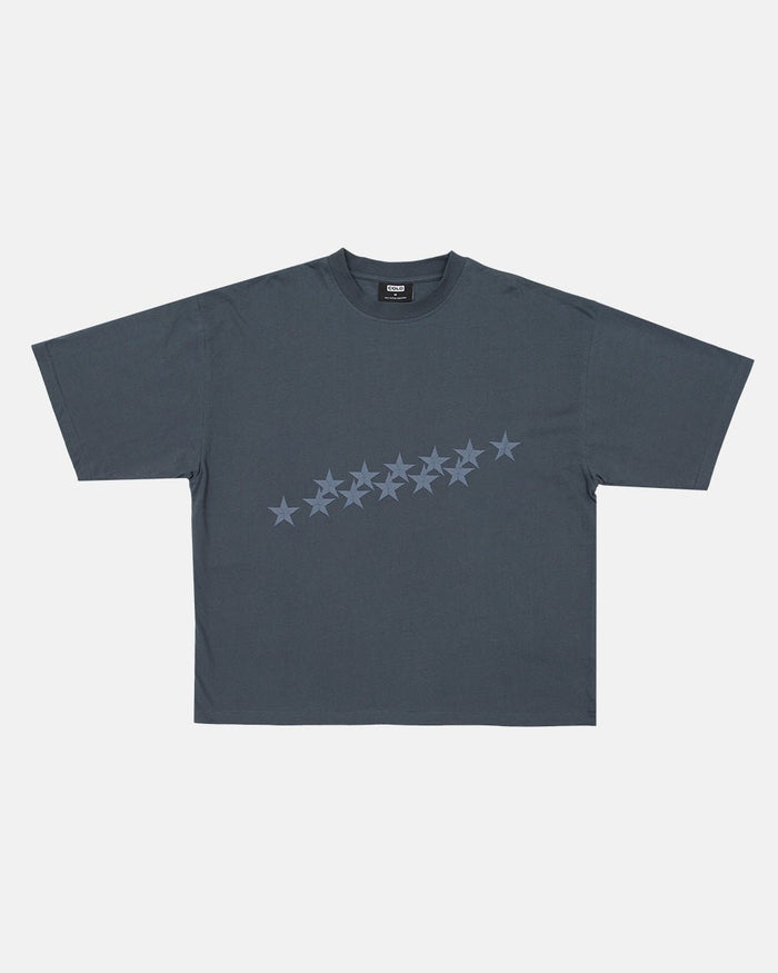 STARS TEE SLATE BLUE - slate blue oversized tee, front view - Cold Culture