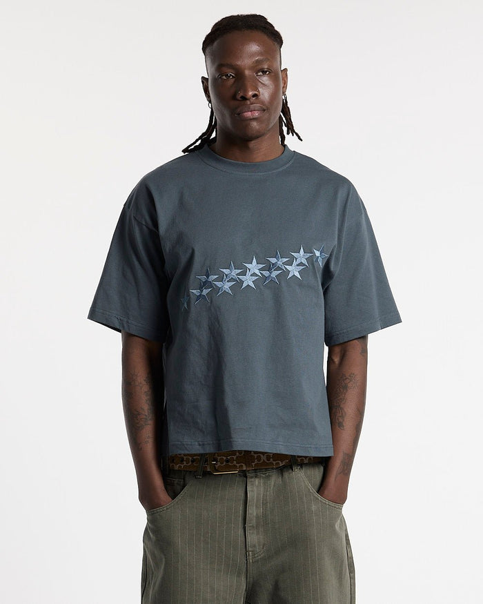 STARS TEE SLATE BLUE - slate blue oversized tee, front view on male model - Cold Culture #man