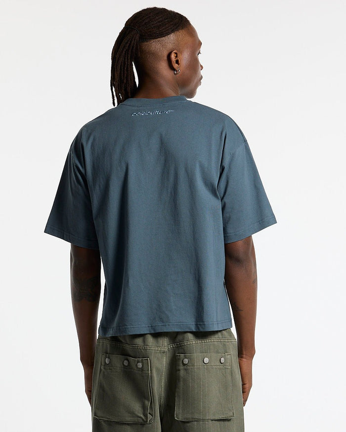 STARS TEE SLATE BLUE - slate blue oversized tee, back view on male model - Cold Culture #man