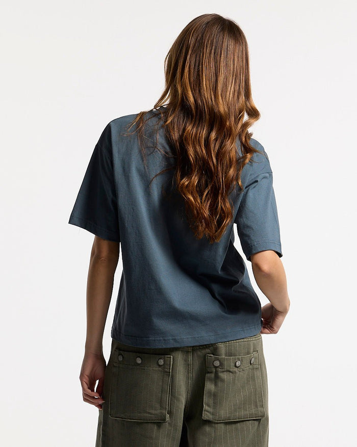 STARS TEE SLATE BLUE - slate blue oversized tee, back view on female model - Cold Culture #woman