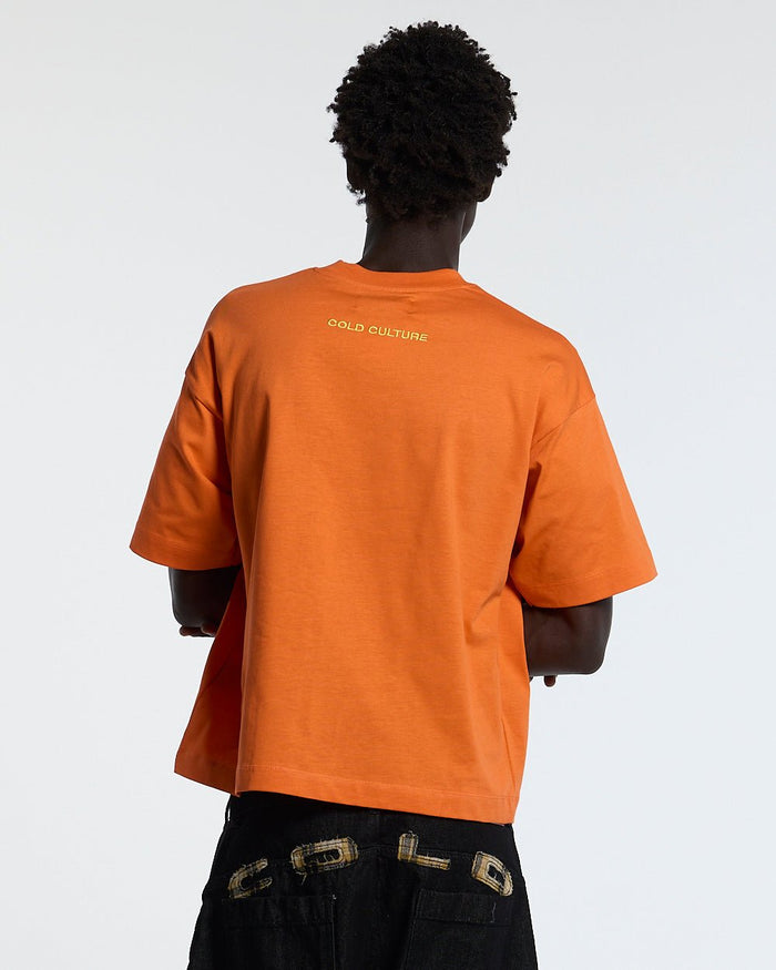 STARS TEE VIBRANT ORANGE - orange star print tee, back view on male model - Cold Culture