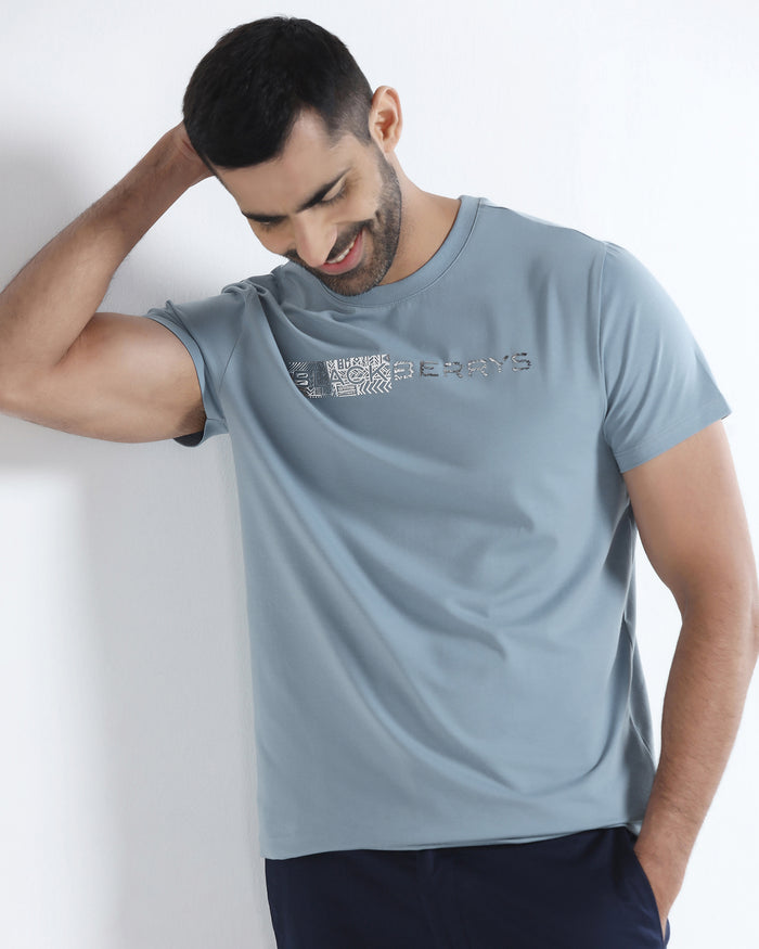 Steel Blue Crew Neck Printed T-Shirt - Petunia