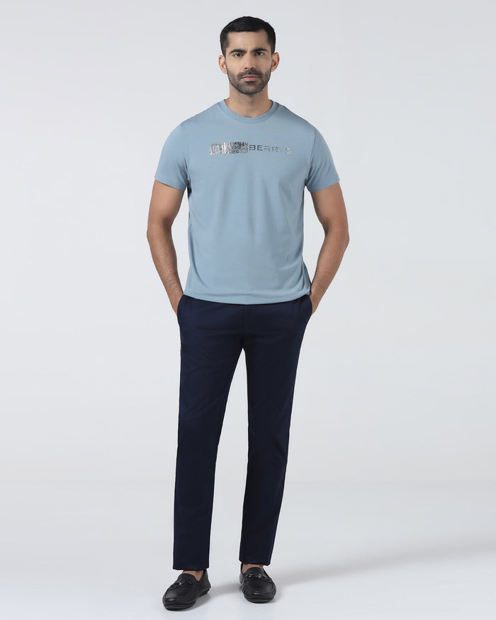 Steel Blue Crew Neck Printed T-Shirt - Petunia