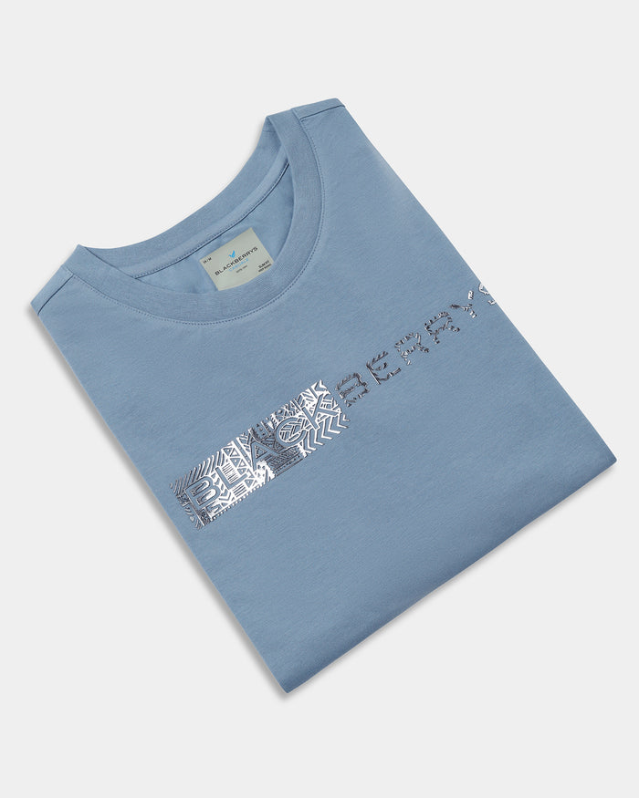 Steel Blue Crew Neck Printed T-Shirt - Petunia
