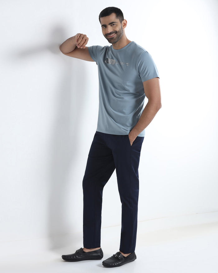 Steel Blue Crew Neck Printed T-Shirt - Petunia