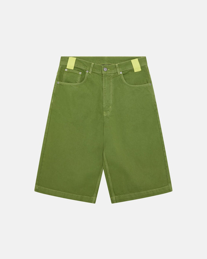 STITCHING JORTS CACTUS GREEN - green baggy denim shorts, front view - Cold Culture