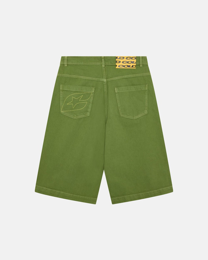 STITCHING JORTS CACTUS GREEN - green baggy denim shorts, back view - Cold Culture