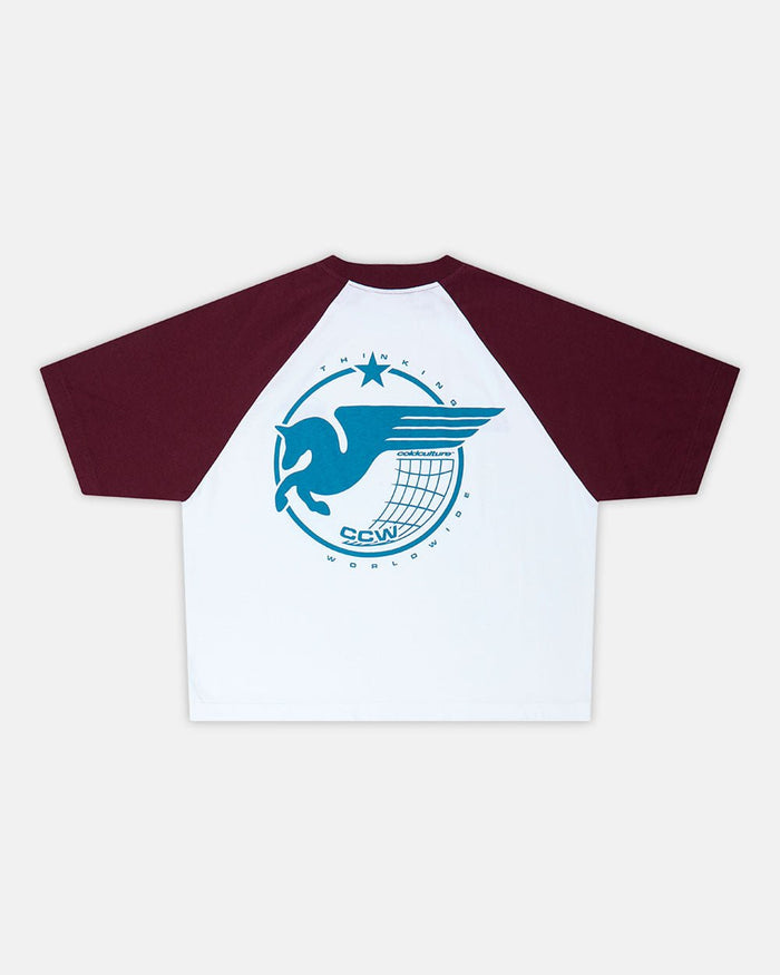 STORMWING TEE WHITE AND BURGUNDY - white and burgundy raglan tee, back view - Cold Culture