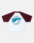 STORMWING TEE WHITE AND BURGUNDY - white and burgundy raglan tee, back view - Cold Culture
