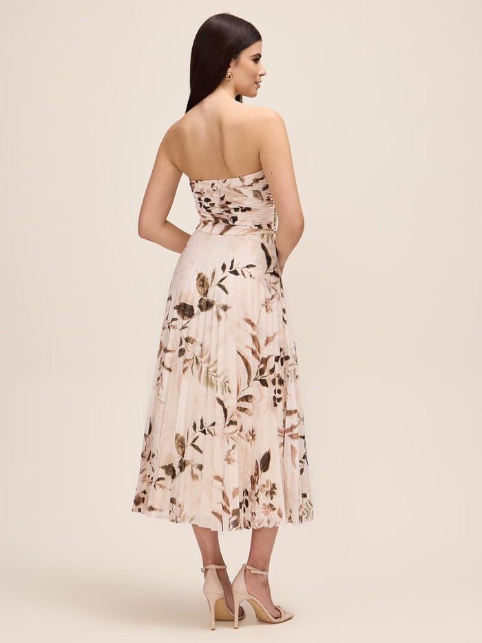 Brown/Antique Cream Leaf Print Strapless Midi Dress - Woman Wearing Pleated Strapless Dress - Le Chateau