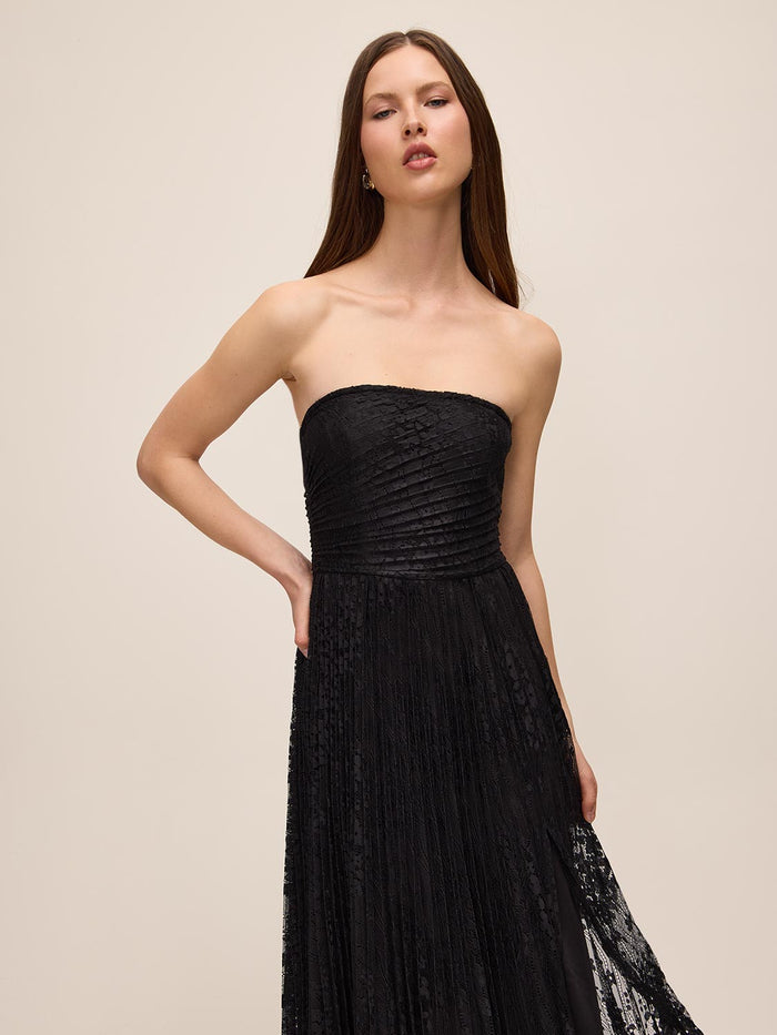 Black Strapless Lace Midi Dress with Pleated Skirt - Front View - Le Chateau