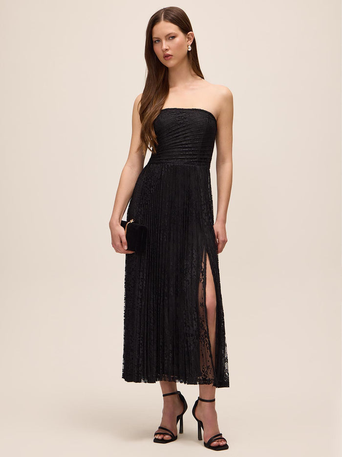 Black Strapless Lace Midi Dress with Pleated Skirt - Full Length View - Le Chateau