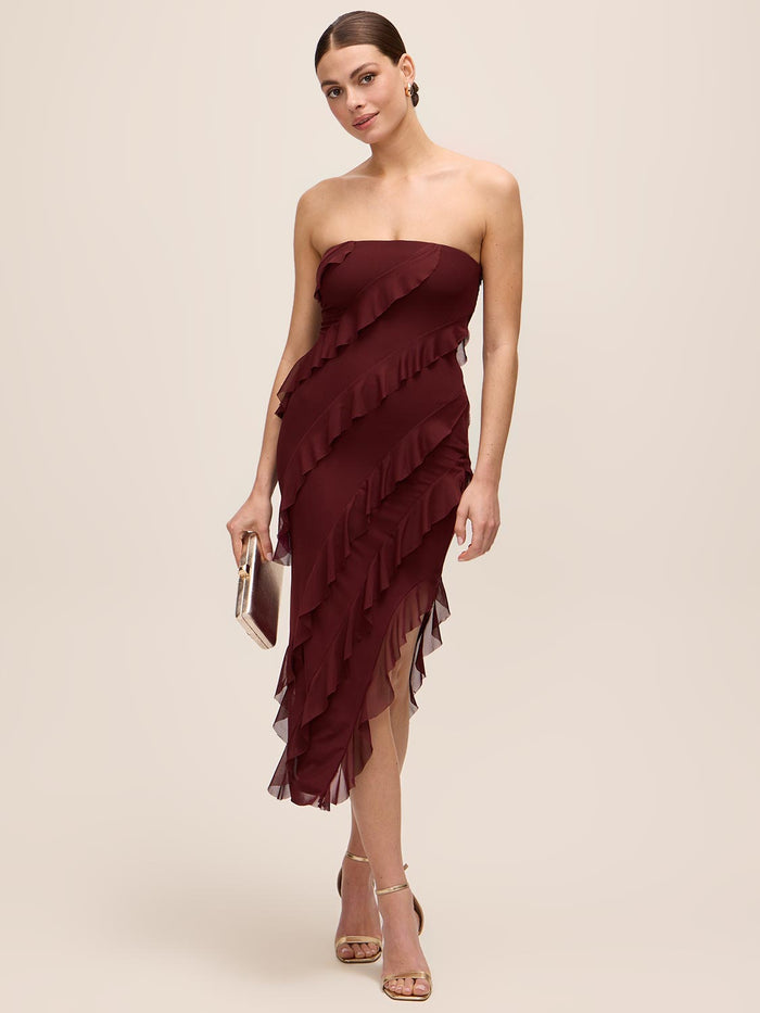 Bordeaux Strapless Mesh Midi Dress with Asymmetrical Ruffles - Woman Wearing Evening Dress with Side Slit - Le Chateau