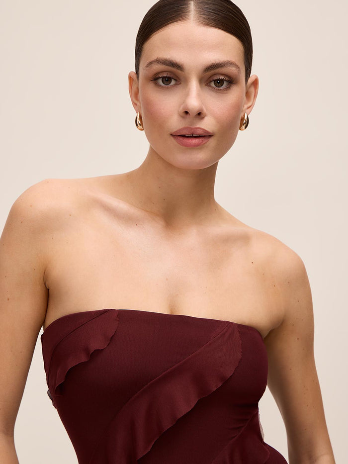 Bordeaux Strapless Mesh Midi Dress with Asymmetrical Ruffles - Close-up Bodice Detail - Le Chateau