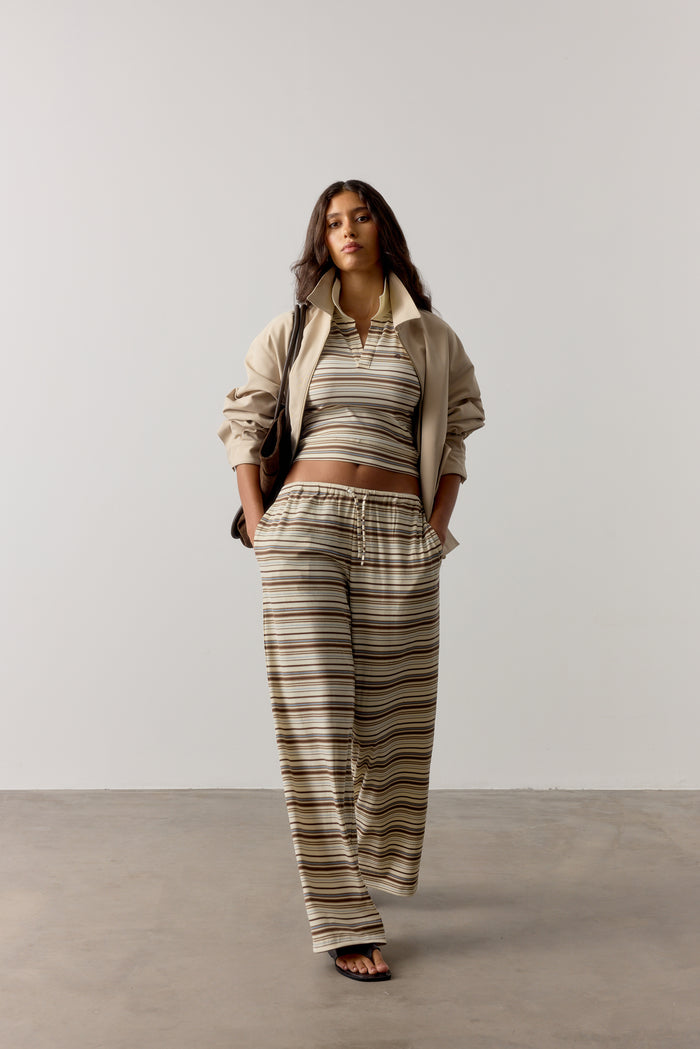 STRIPE WIDE LEG TROUSERS - BEIGE