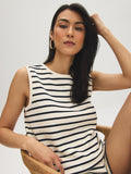Snow White and Naval Academy Stripe French Terry Sleeveless Top - Woman Wearing Striped Knit Top - Suzy Shier