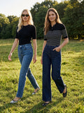 Black/Pearl Striped Ribbed Polo Sweater - Woman Wearing Buttoned Polo Knit Top - Suzy Shier